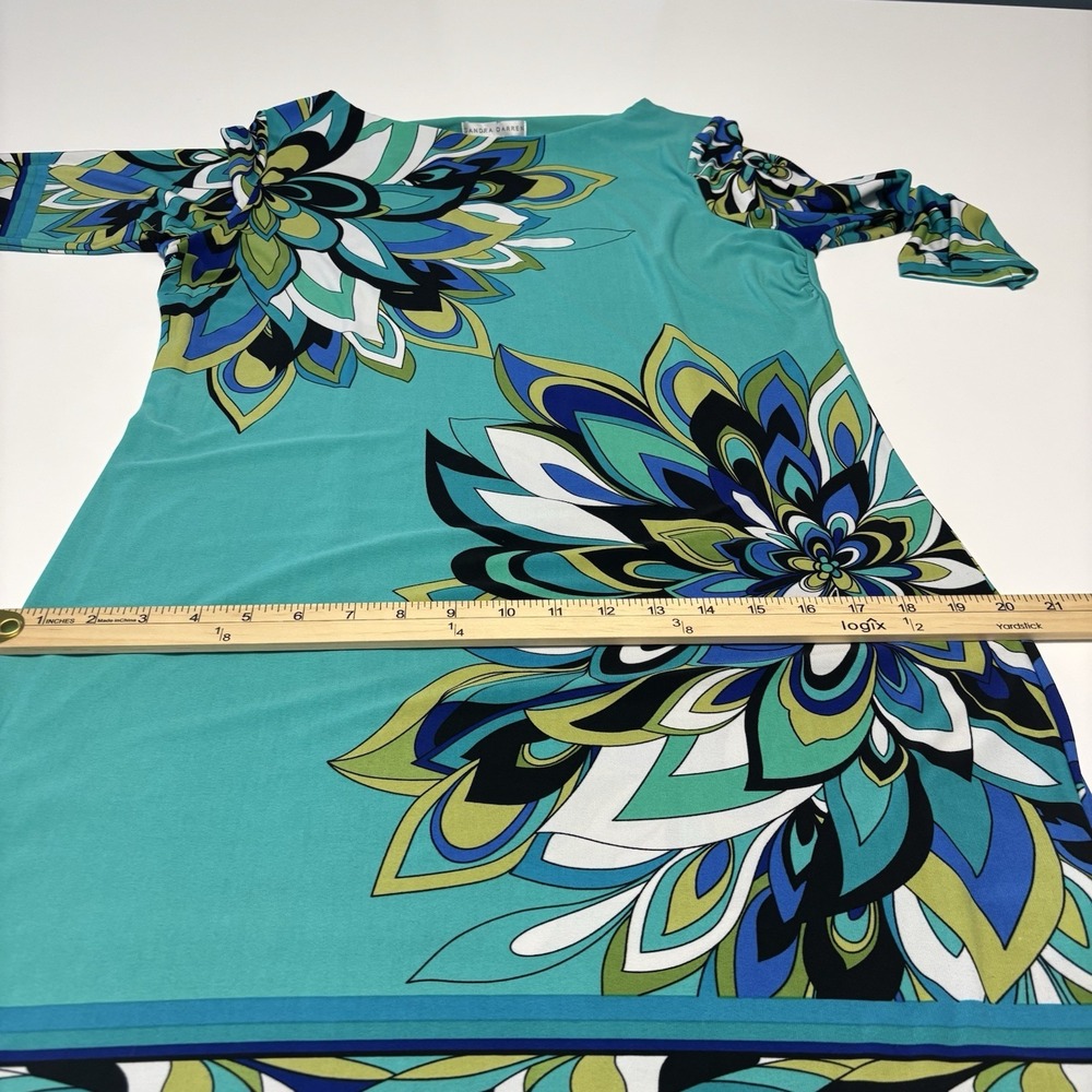 Sandra Darren Size 8 Teal Floral Medallion Sheath Dress Elbow Sleeve - Picture 10 of 11